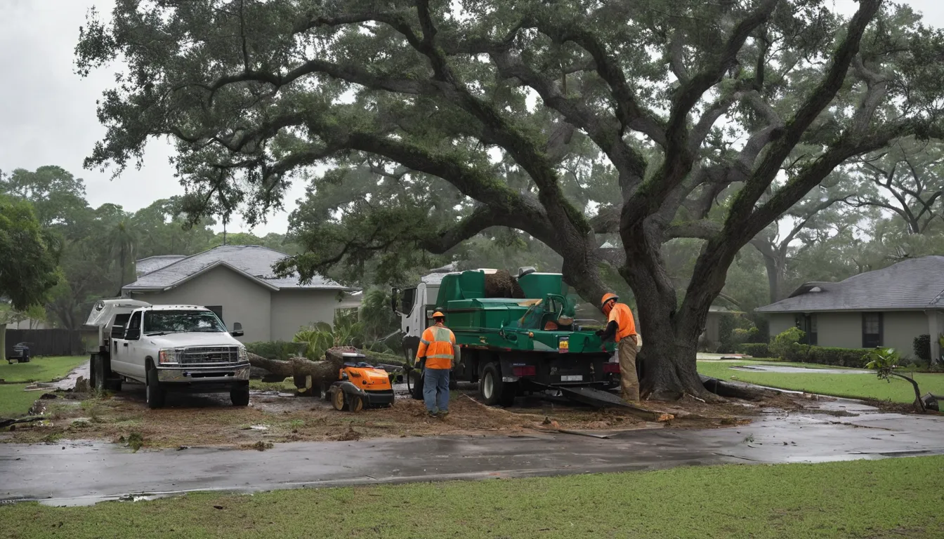 Provider crew clearing a fallen tree from a yard near a home in Oviedo after a storm