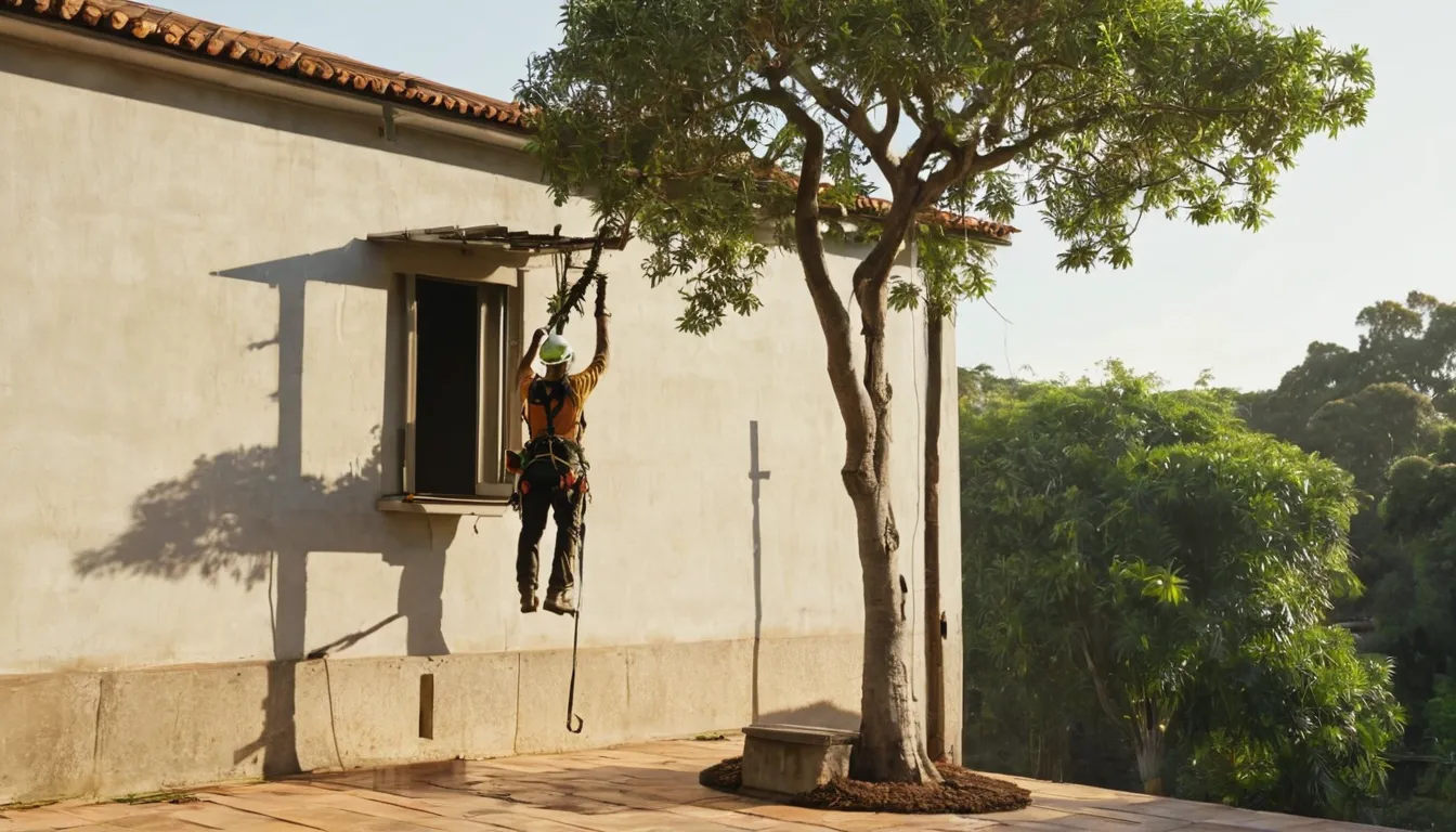 A tree service worker carefully lowering a large tree section near a home in Oviedo
